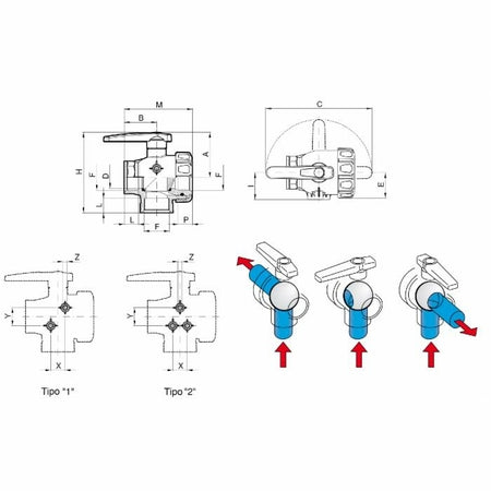 3/4"BSP THREE WAY BALL VALVE 16 BAR